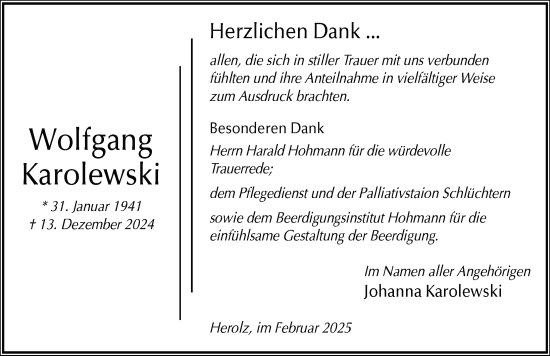 Traueranzeige von Wolfgang Karolewski von FZ