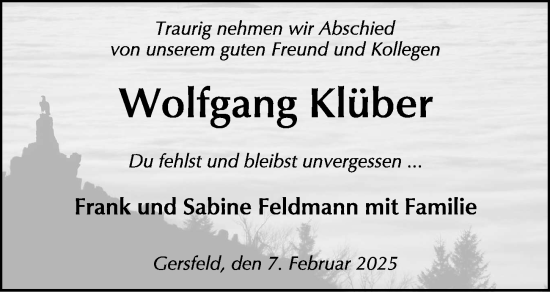 Traueranzeige von Wolfgang Klüber von FZ