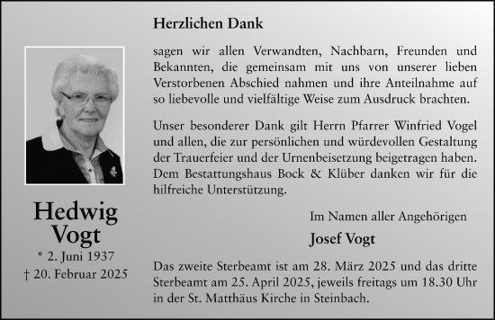 Traueranzeige von Hedwig Vogt von FZ