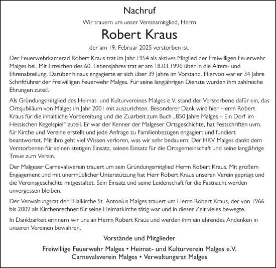 Traueranzeige von Robert Kraus von FZ
