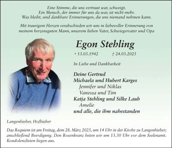 Traueranzeige von Egon Stehling von FZ