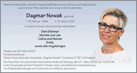 Traueranzeige von Dagmar Nowak von FZ