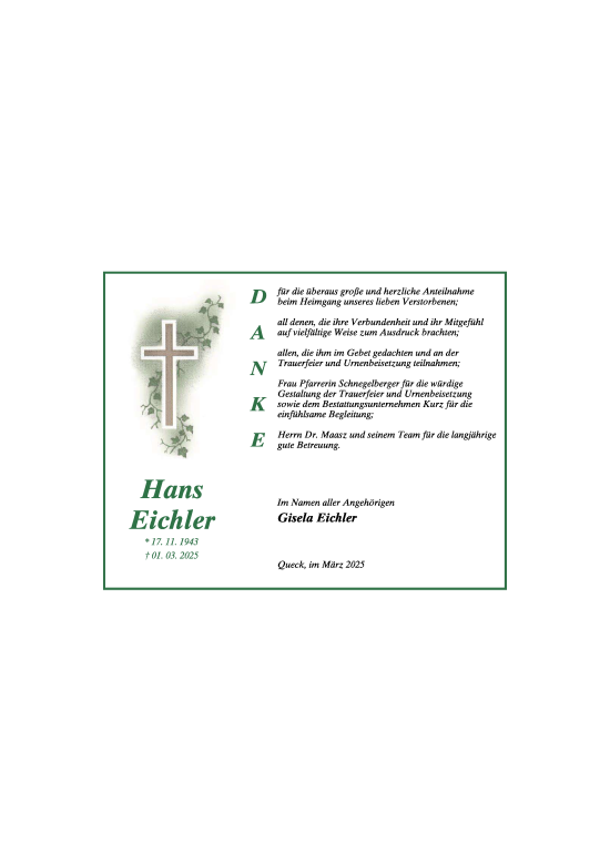Traueranzeige von Hans Eichler von FZ