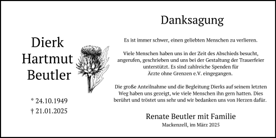 Traueranzeige von Dierk Hartmut Beutler von FZ