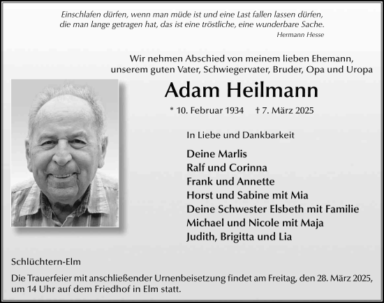 Traueranzeige von Adam Heilmann von FZ