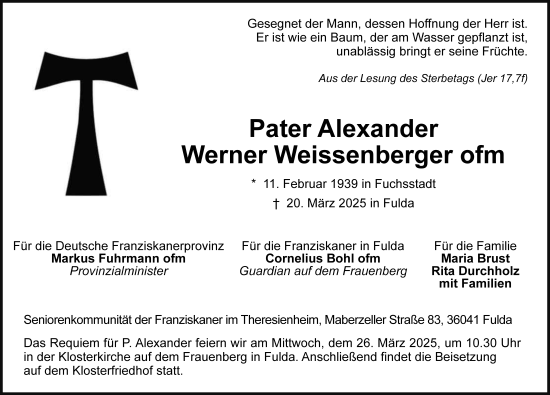 Traueranzeige von Alexander Werner Weissenberger von FZ