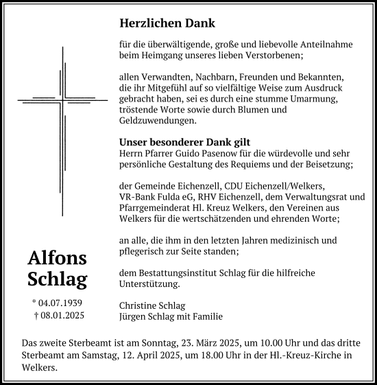 Traueranzeige von Alfons Schlag von FZ