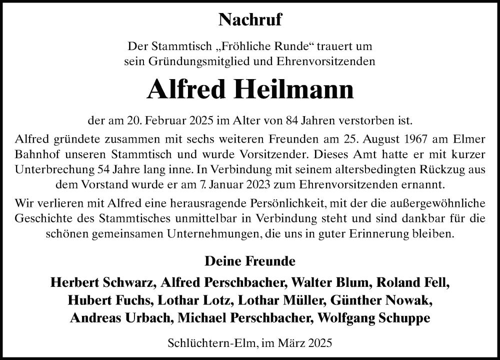  Traueranzeige für Alfred Heilmann vom 08.03.2025 aus FZ