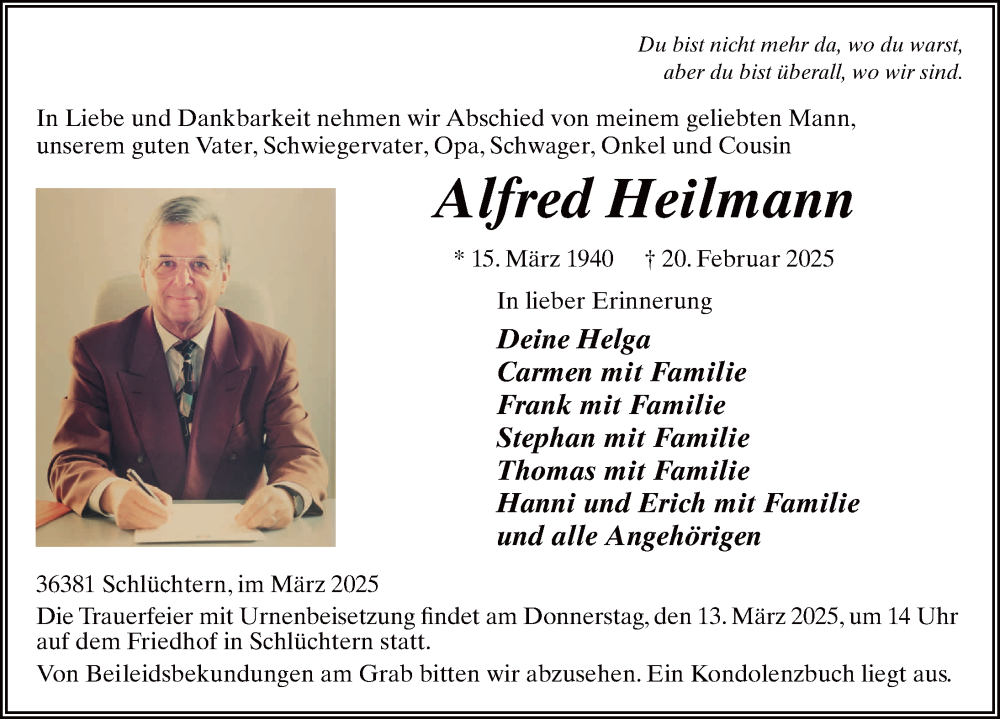  Traueranzeige für Alfred Heilmann vom 08.03.2025 aus FZ