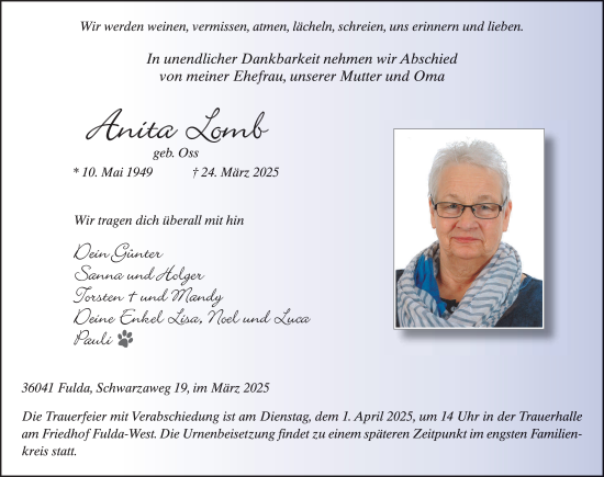 Traueranzeige von Anita Lomb von FZ