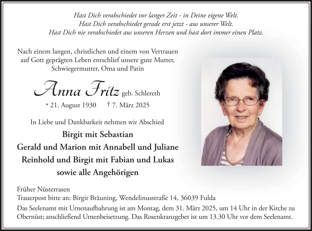  Traueranzeige für Anna Fritz vom 20.03.2025 aus FZ