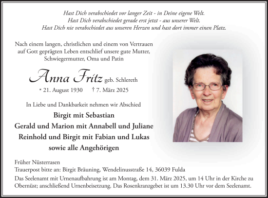 Traueranzeige von Anna Fritz von FZ