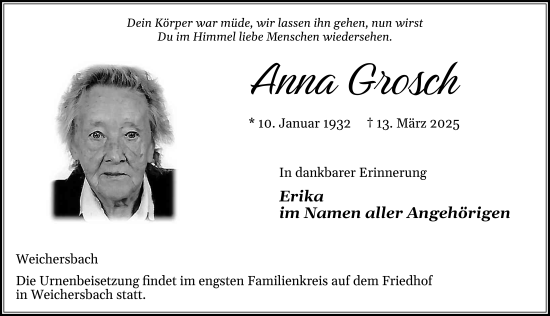 Traueranzeige von Anna Grosch von FZ