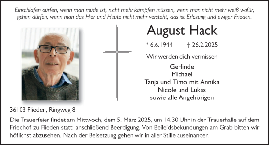 Traueranzeige von August Hack von FZ