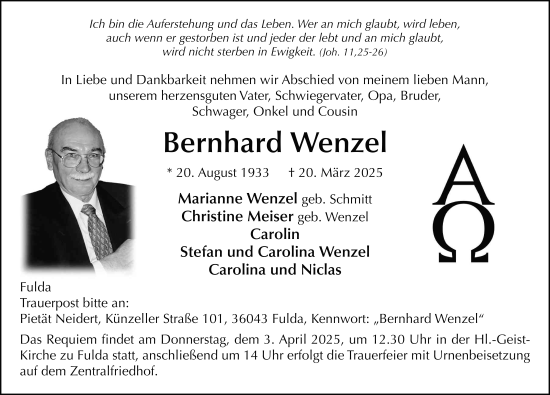 Traueranzeige von Bernhard Wenzel von FZ