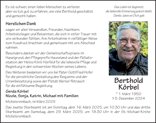 Traueranzeige von Berthold Körbel von FZ