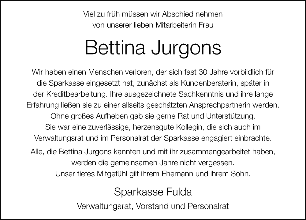  Traueranzeige für Bettina Jurgons vom 19.03.2025 aus FZ