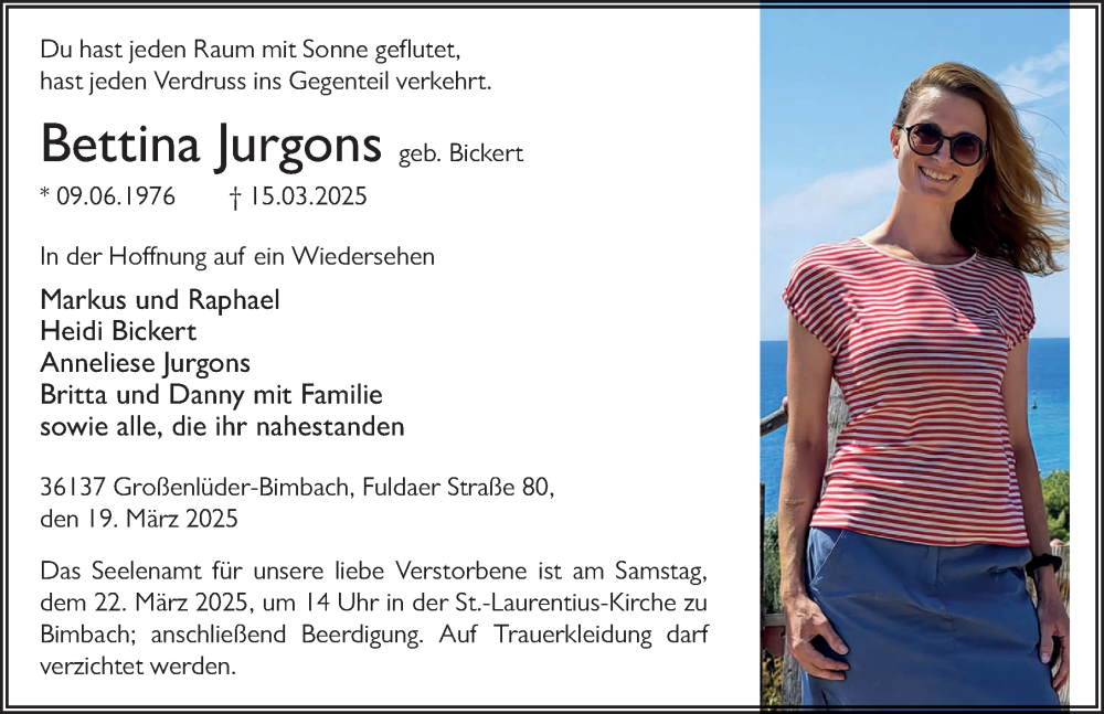  Traueranzeige für Bettina Jurgons vom 19.03.2025 aus FZ