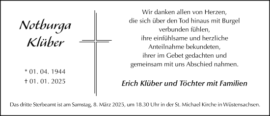 Traueranzeige von Burgel Notburga Klüber von FZ