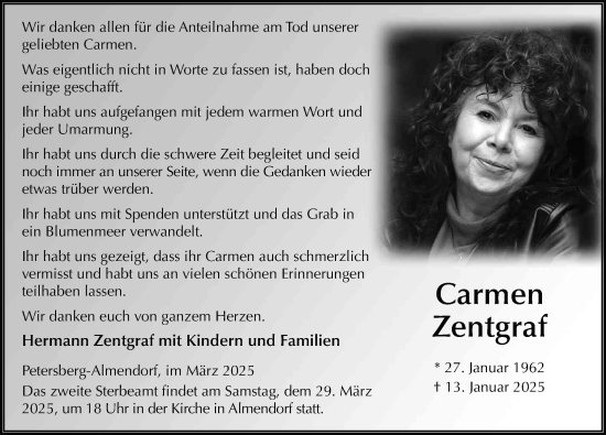 Traueranzeige von Carmen Zentgraf von FZ