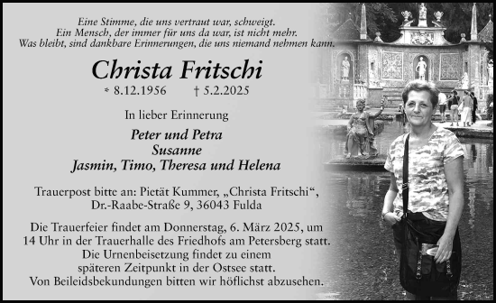 Traueranzeige von Christa Fritschi von FZ