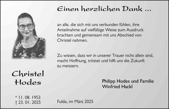 Traueranzeige von Christel Hodes von FZ