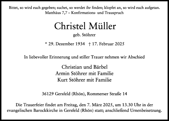 Traueranzeige von Christel Müller von FZ