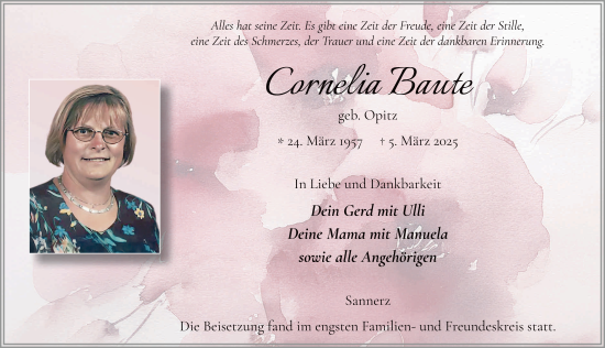 Traueranzeige von Cornelia Baute von FZ
