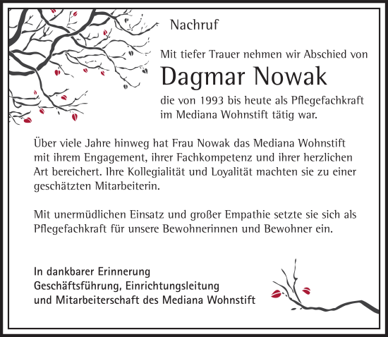Traueranzeige von Dagmar Nowak von FZ