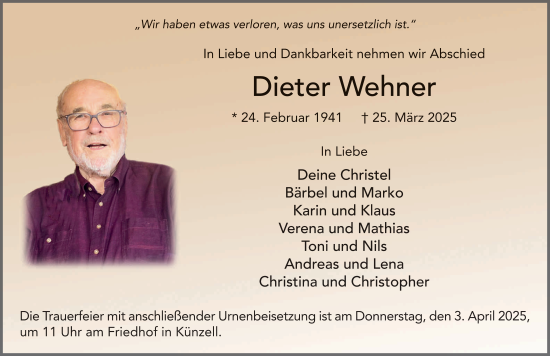 Traueranzeige von Dieter Wehner von FZ