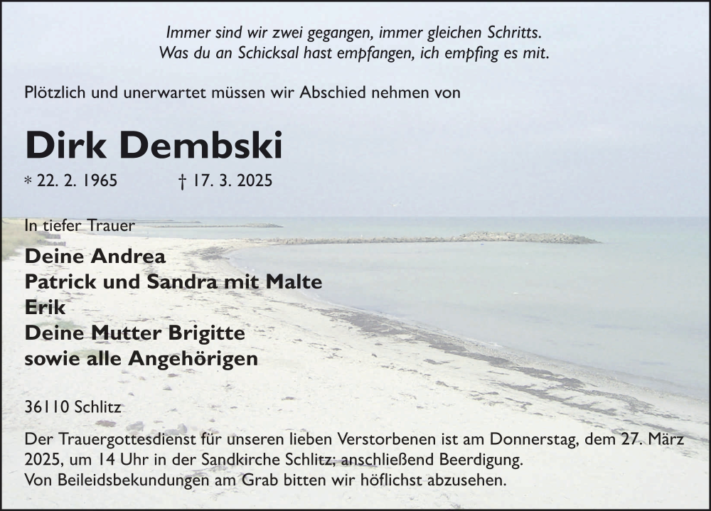  Traueranzeige für Dirk Dembski vom 22.03.2025 aus FZ