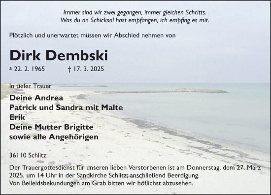 Traueranzeige von Dirk Dembski von FZ