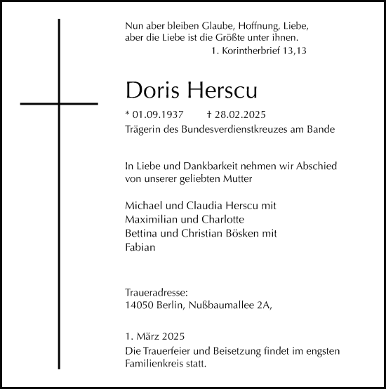 Traueranzeige von Doris Herscu von FZ