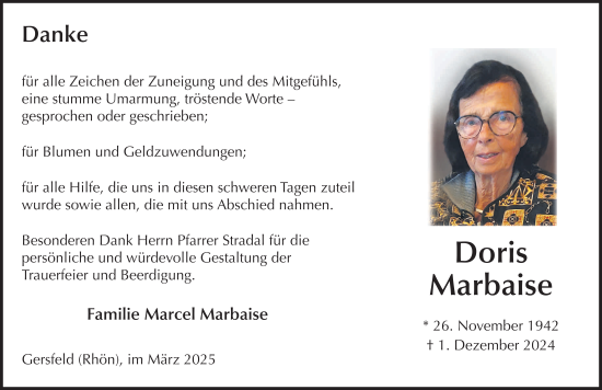 Traueranzeige von Doris Marbaise von FZ