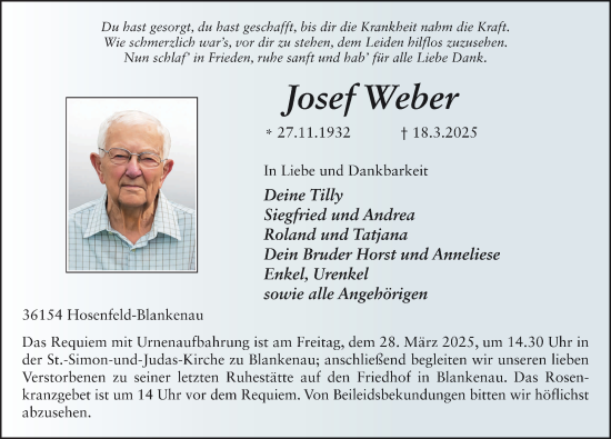 Traueranzeige von Josef Weber von FZ