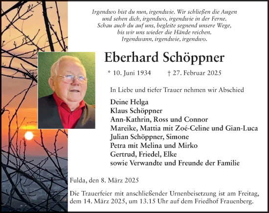 Traueranzeige von Eberhard Schöppner von FZ
