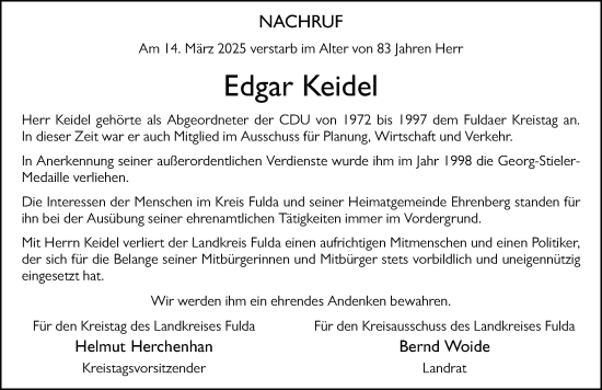 Traueranzeige von Edgar Keidel von FZ