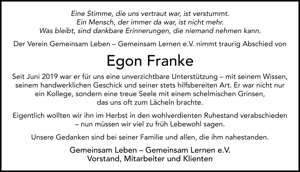  Traueranzeige für Egon Franke vom 15.03.2025 aus FZ