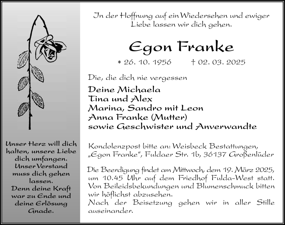  Traueranzeige für Egon Franke vom 15.03.2025 aus FZ