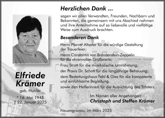 Traueranzeige von Elfriede Krämer von FZ