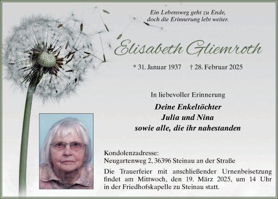 Traueranzeige von Elisabeth Gliemroth von FZ