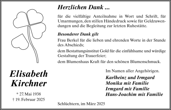 Traueranzeige von Elisabeth Kirchner von FZ