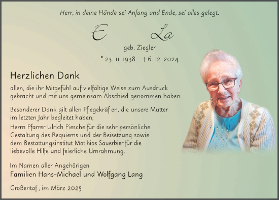 Traueranzeige von Elisabeth Lang von FZ