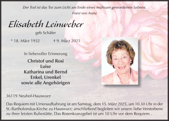 Traueranzeige von Elisabeth Leinweber von FZ