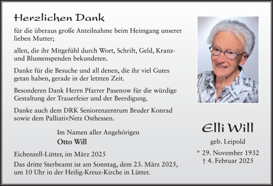 Traueranzeige von Elli Will von FZ