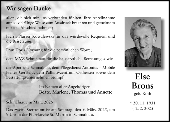 Traueranzeige von Else Brons von FZ