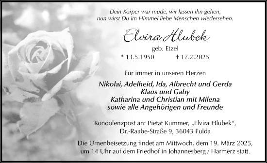 Traueranzeige von Elvira Hlubek von FZ