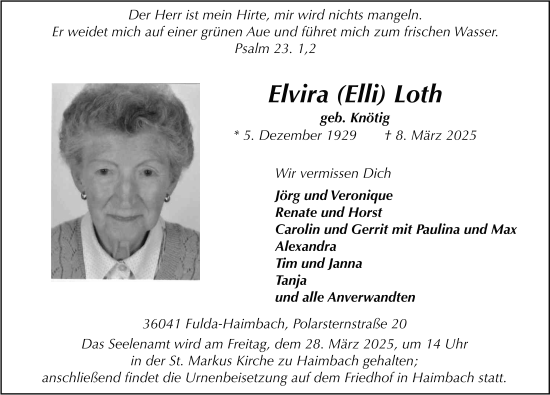 Traueranzeige von Elvira Loth von FZ