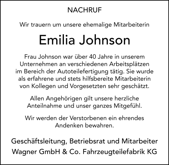 Traueranzeige von Emilia Johnson von FZ