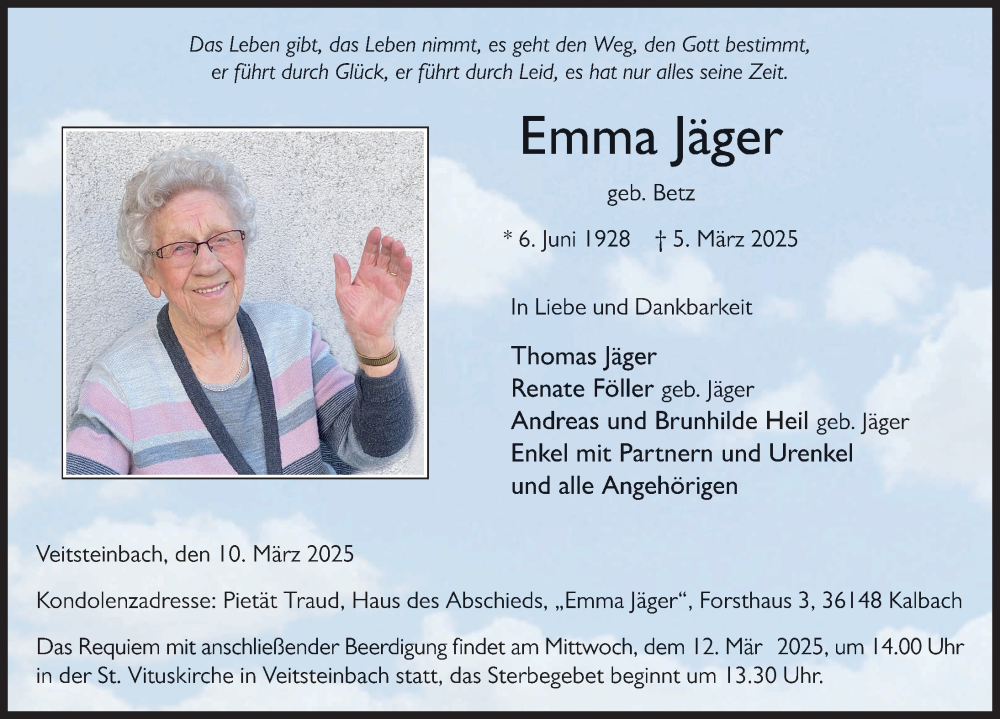  Traueranzeige für Emma Jäger vom 10.03.2025 aus FZ